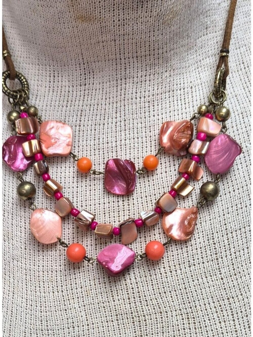 Vintage Mid‑Century Multi‑Strand Beaded Necklace Pink Peach Purple Boho Jewelry.